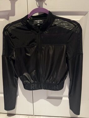 True Religion Black Cropped Mesh-Shoulder Jacket